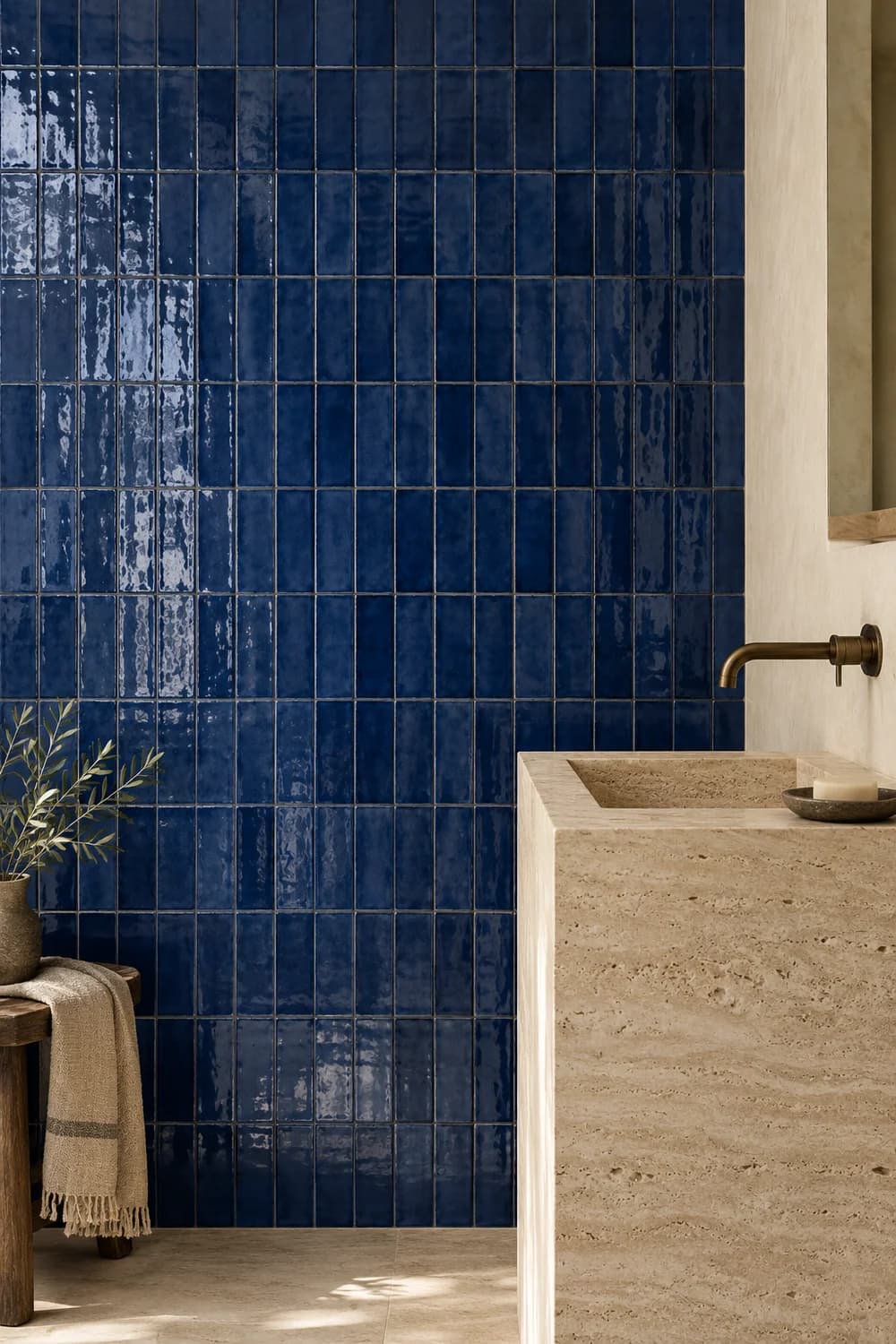 Inspiration de faïence émaillée bleu profond et vasque en travertin